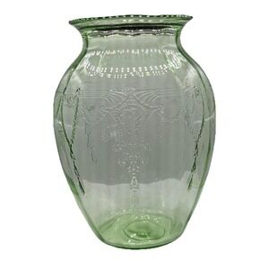 Vintage Uranium Green Depression Glass Vase 8" Ballerina Cameo Art Deco Glow